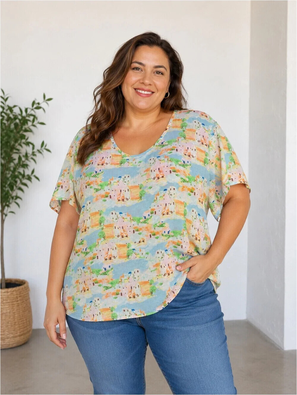 Cynthia Rowley 100% Linen Blend Village Print Top XL Coastal Boho Cottage